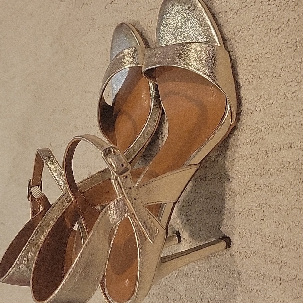 H by Halston Metallic Brushed Gold> Strappy Heels - Picture 3 of 6